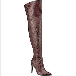 GUESS Women's Bonis Over The Knee Dress Boots 6.5M, Brown Croco